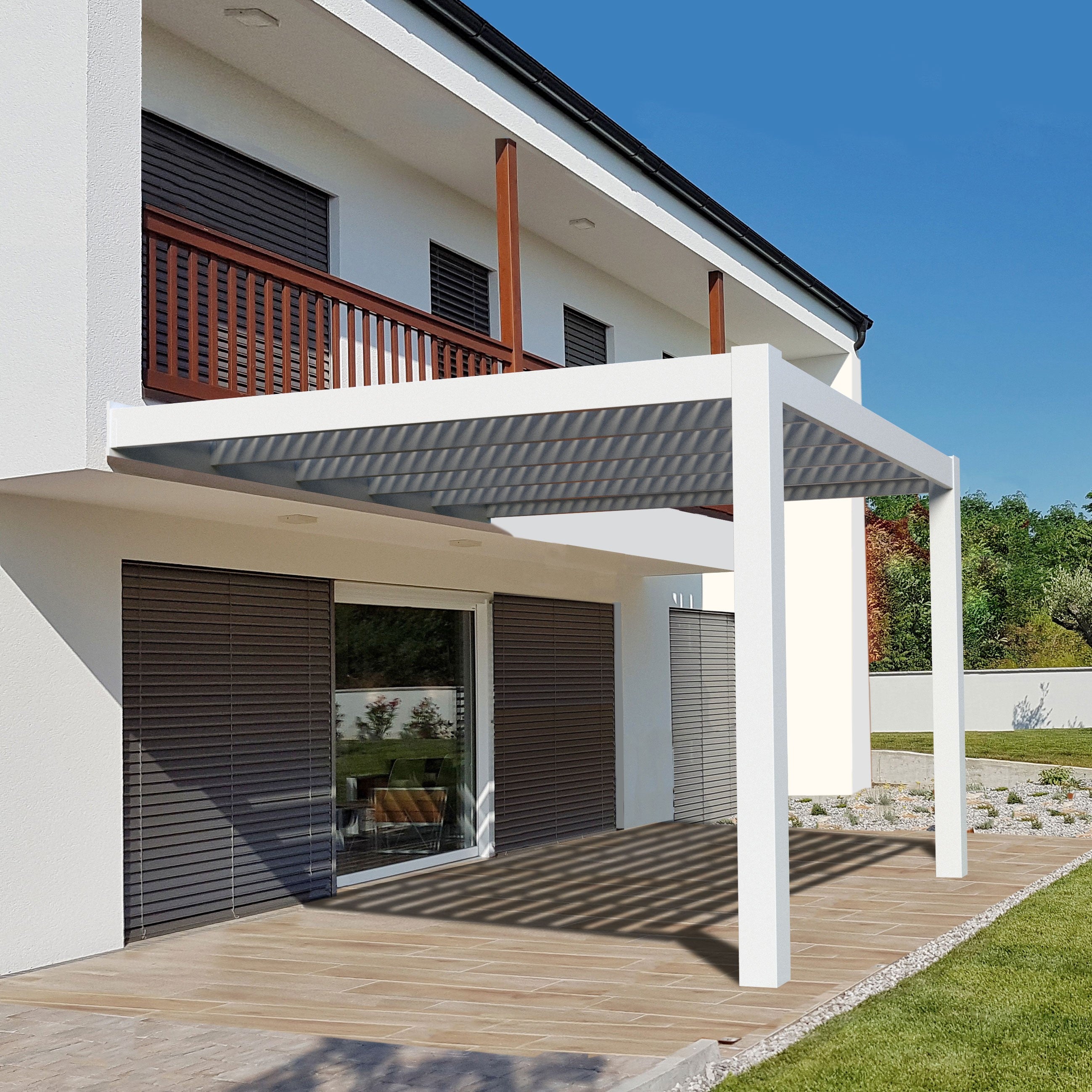 Modern house with a white pergola kit and deck