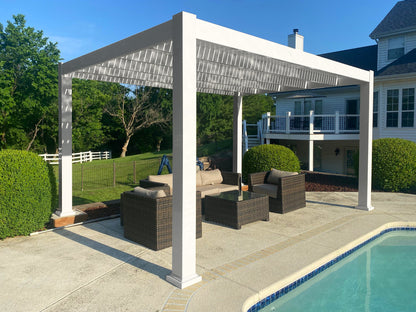 Patio with modern pergola, outdoor furniture, and pool area.