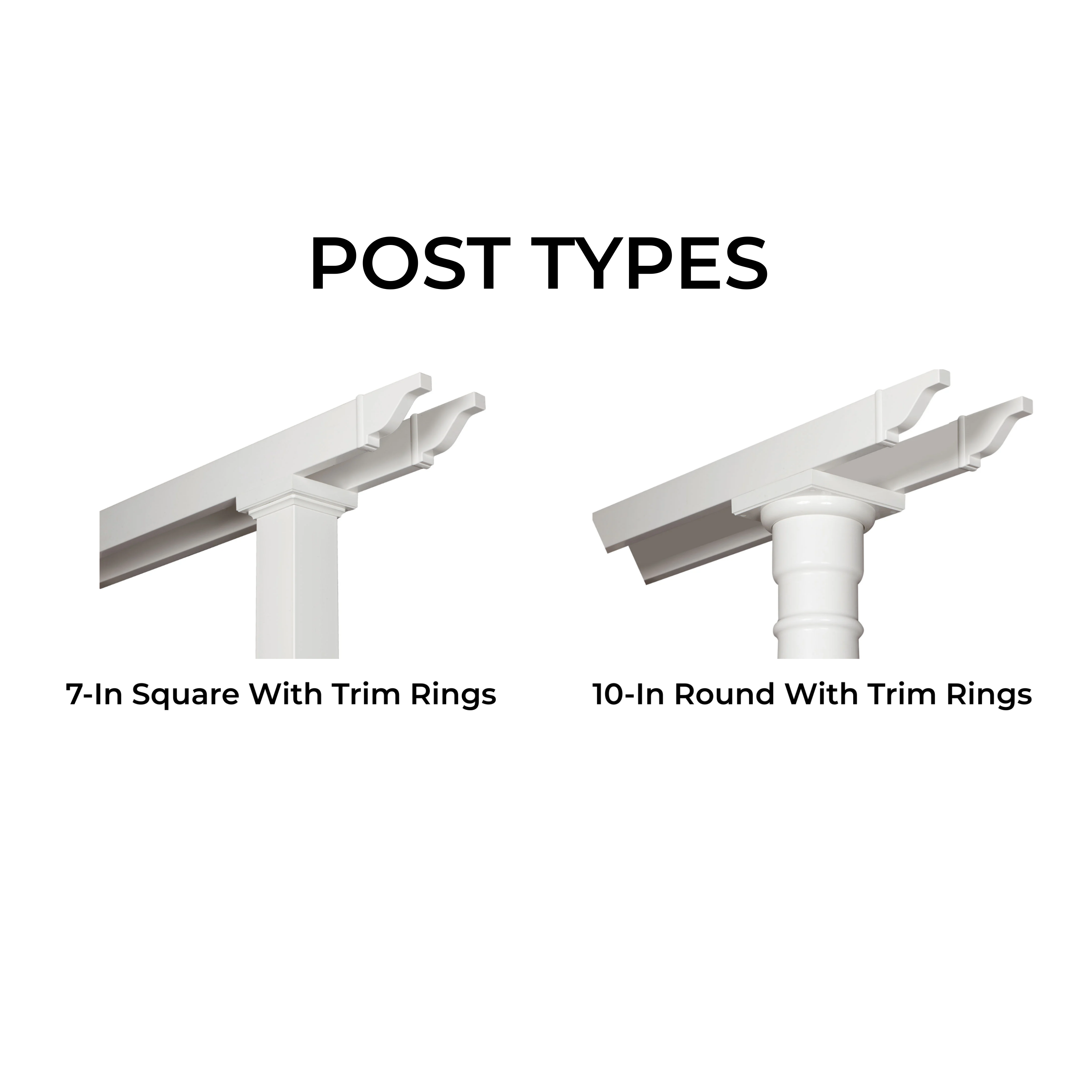 Two white moda pergolas posts with trim rings labeled '7-In Square With Trim Rings' and '10-In Round With Trim Rings' on a white background.