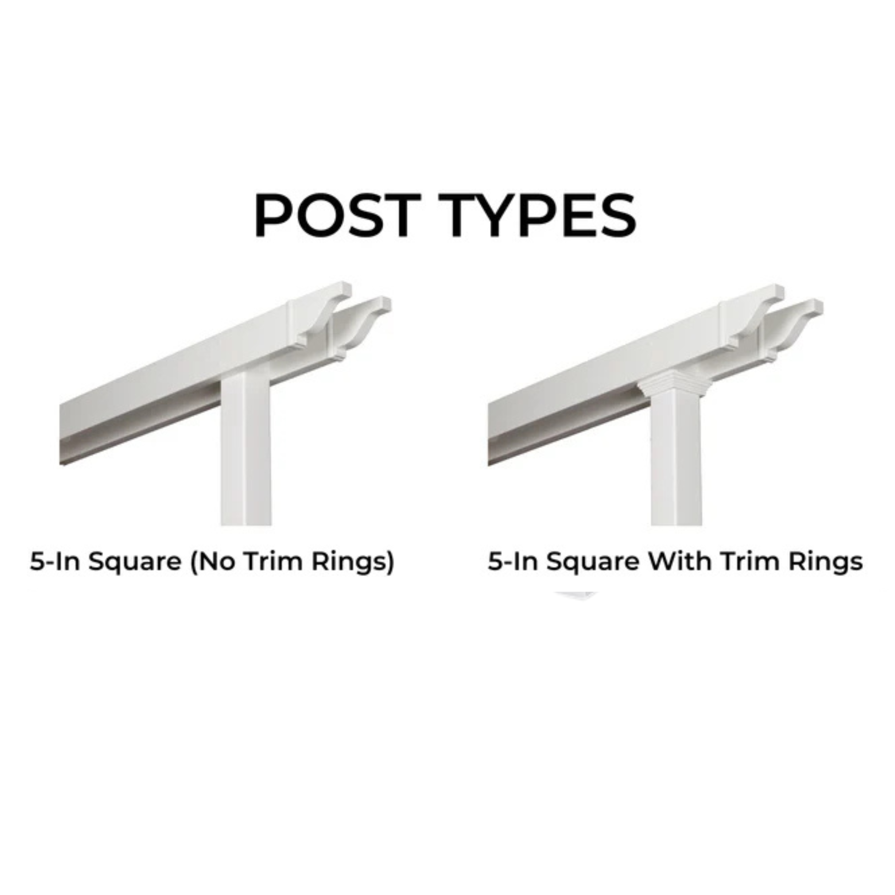 Two aluminum and vinyl pergola post types labeled '5-In Square (No Trim Rings)' and '5-In Square With Trim Rings' on a white background.